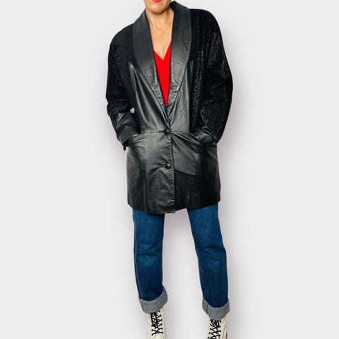 80s Comint Leather and Textured Suede Black Mid Length Coat