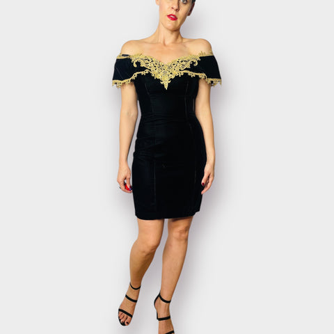 90s Steppin’ Out Black Velvet Dress with Gold Lace Size XS