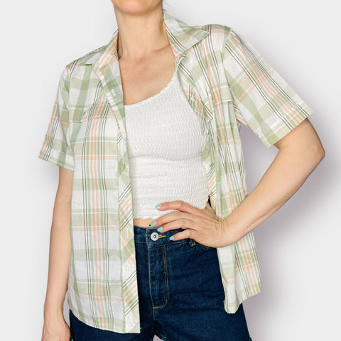 90s Alfred Dunner green and peach plaid shirt