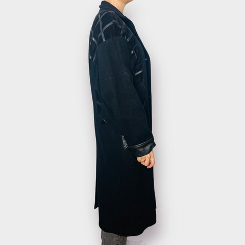 80s Black Wool and Leather Overcoat