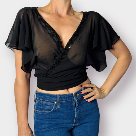 90s Black Sheer Beaded Wrap Crop Size M