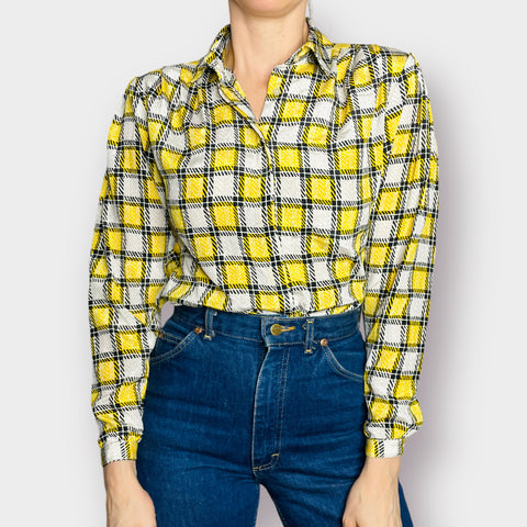 80s Notches Yellow and Black Checkered Button Front Blouse