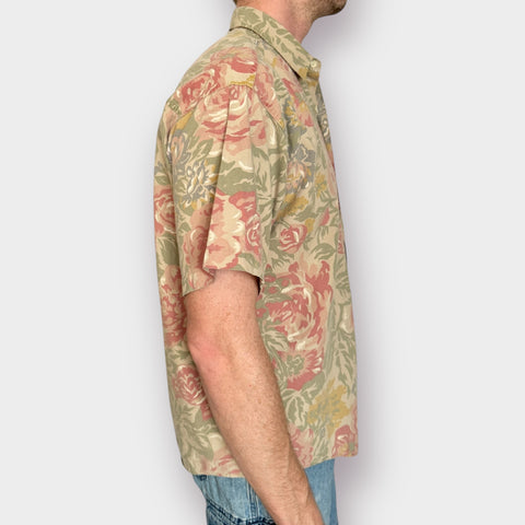 90s Tones Tan Floral Button Front Size L