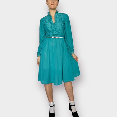 80s Jane Baar Teal Day Dress with Lace Trim