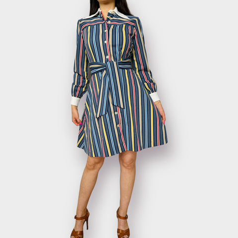 70s Blue Yellow Red Striped Dress with White Collar