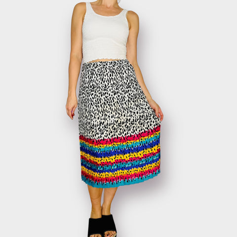 80s Speckled Print Pleated Midi Skirt with multicolor hem