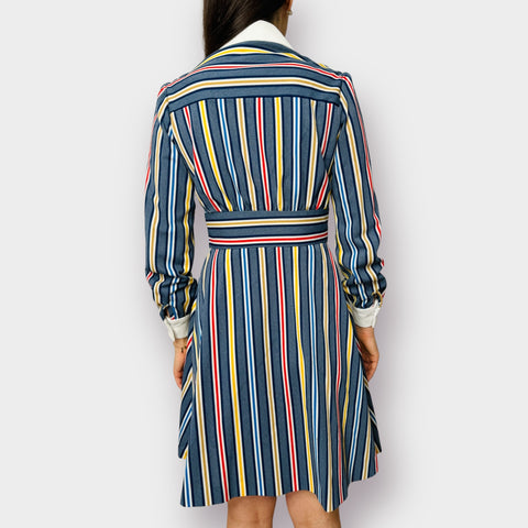 70s Blue Yellow Red Striped Dress with White Collar