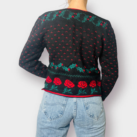 80s Components Black Red Rose and Holly Holiday Sweater