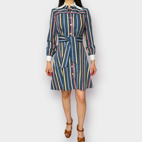 70s Blue Yellow Red Striped Dress with White Collar