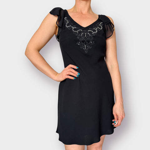 90s S.L. Fashions Black Flutter Sleeve Beaded Front Dress Size 4P