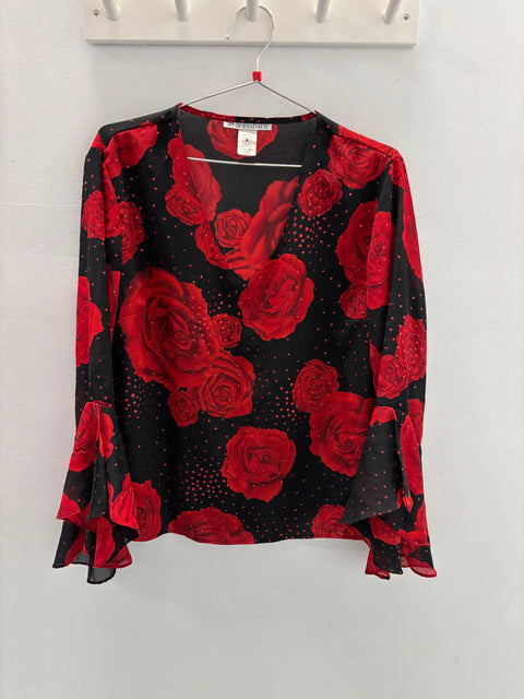 90s Dressbarn Red Black Rose Boho Sequin Top Size L
