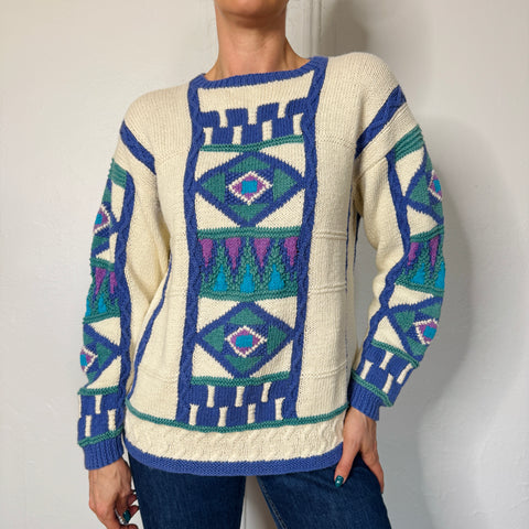 90s Segrets Sun Prints cream geometric blue print sweater Size M