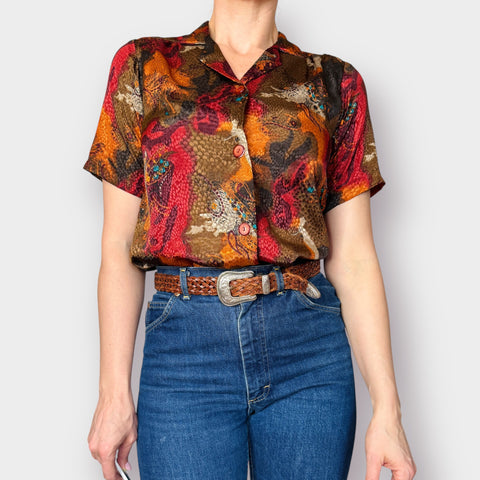 70s Autumnal Short Sleeve Blouse Size M