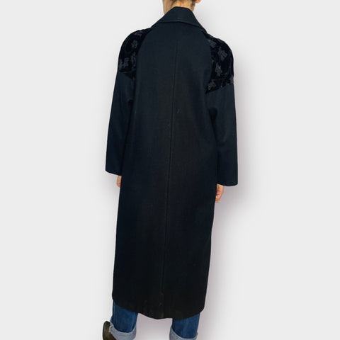 80s Maggie Lawrence Black Wool Coat with Velvet Shoulder Detail