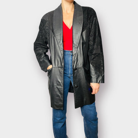 80s Comint Leather and Textured Suede Black Mid Length Coat