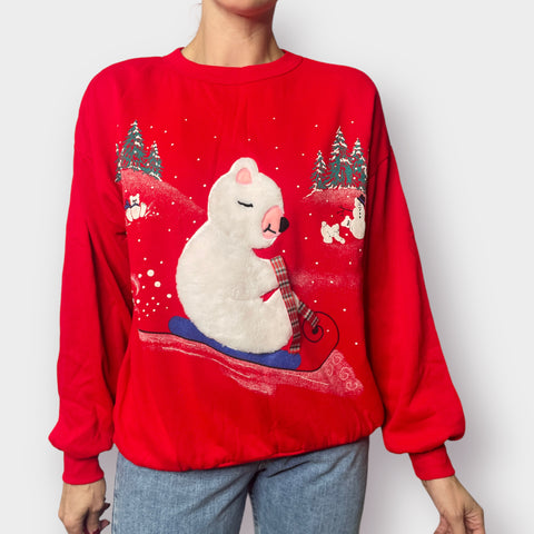 80s Polar Bear Sledding Holiday Scene Sweatshirt