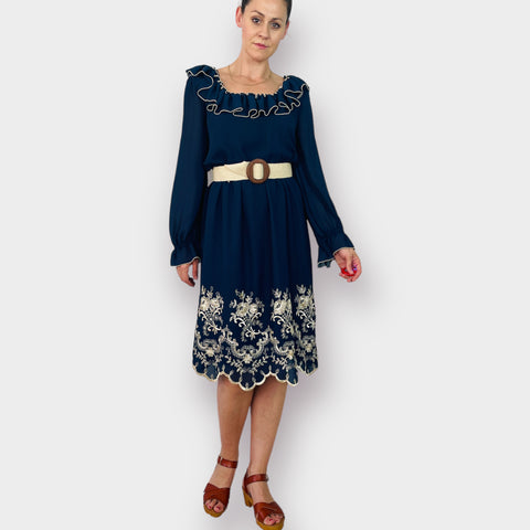70s Argent File LTD Navy Dress with Ruffle Collar and Eyelet Hem