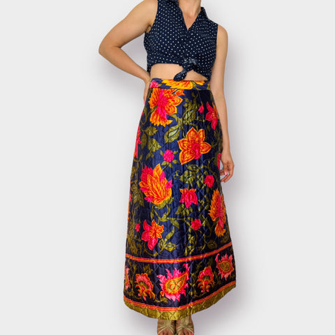 70s Quilted Colorful Floral Maxi Skirt