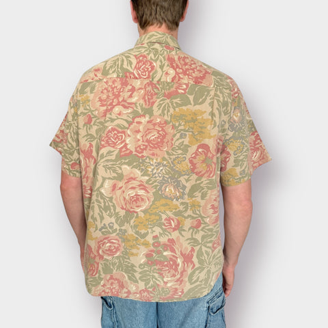 90s Tones Tan Floral Button Front Size L