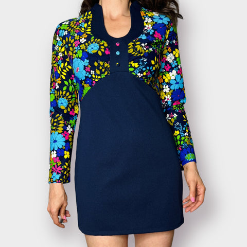 70s Navy and Floral Mini Dress