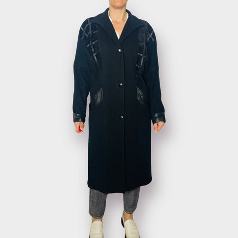 80s Black Wool and Leather Overcoat