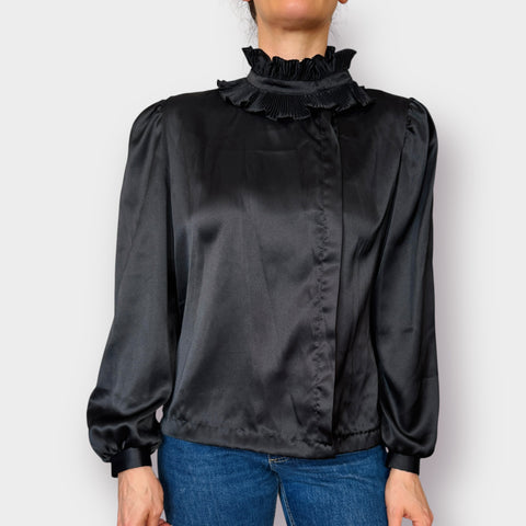 70s MJ Concepts Black Ruffle Collar Blouse Size L