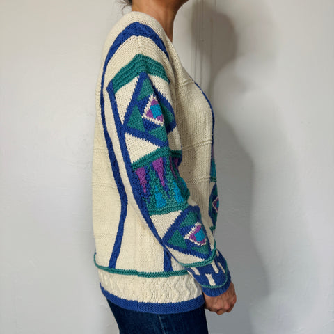 90s Segrets Sun Prints cream geometric blue print sweater Size M
