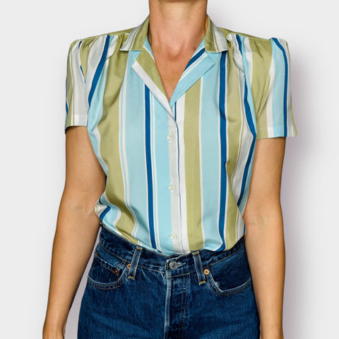 70s Stuart Lang Blue Sage Short Sleeve Blouse