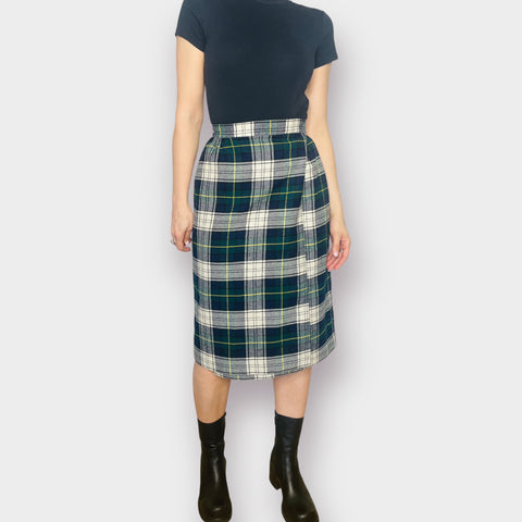 70s Green and Navy Plaid Vintage Skirt