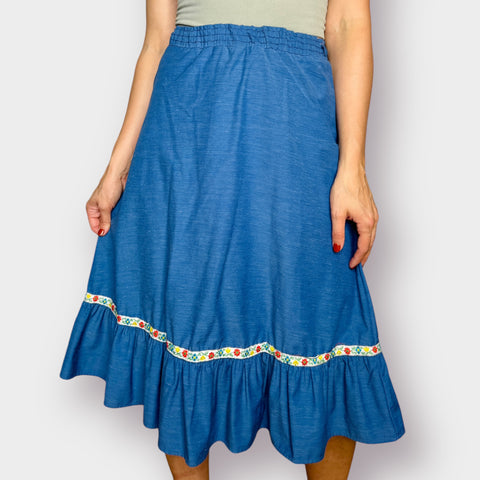 70s Blue Skirt with Floral Ribbon Trim