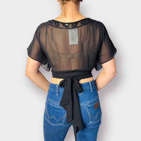 90s Black Sheer Beaded Wrap Crop Size M