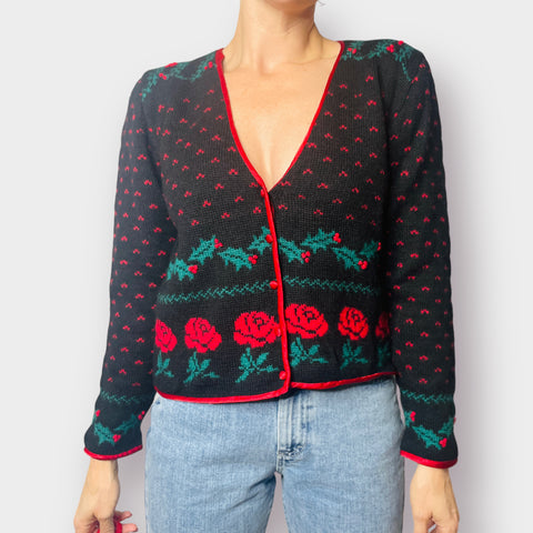 80s Components Black Red Rose and Holly Holiday Sweater