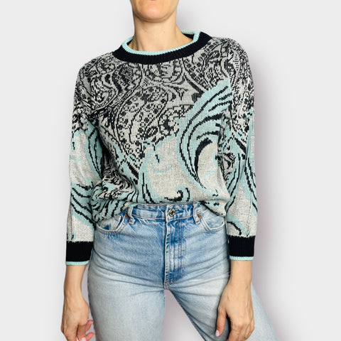 80s Teal and Black Sweater w/ Metallic Thread