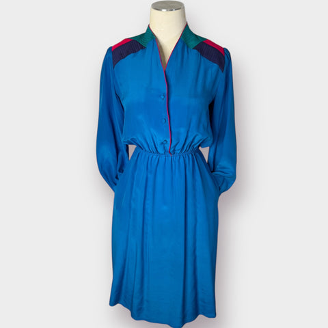 80s Argenti Blue silk dress w/ teal navy pink Size XS