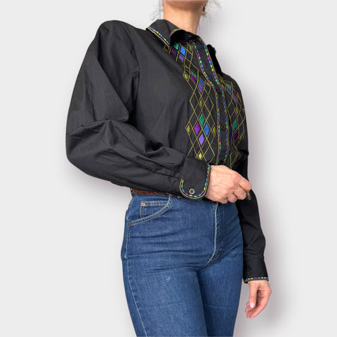 00s Bob Mackie Black Diamond Embroidered Shirt Size XL