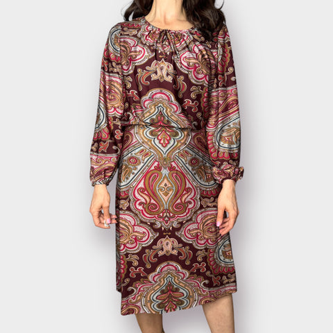 70s Umba for Parnes Feinstein Burgundy Brown Paisley Midi Dress