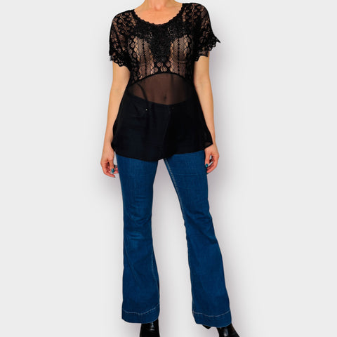 90s BKE Black Lace Sheer Blouse Size M
