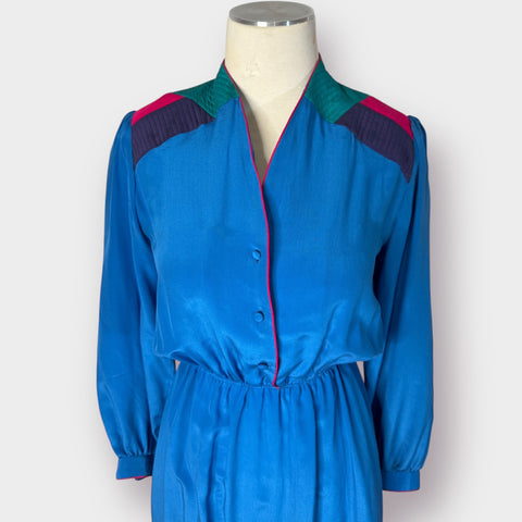 80s Argenti Blue silk dress w/ teal navy pink Size XS