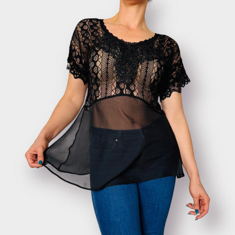 90s BKE Black Lace Sheer Blouse Size M