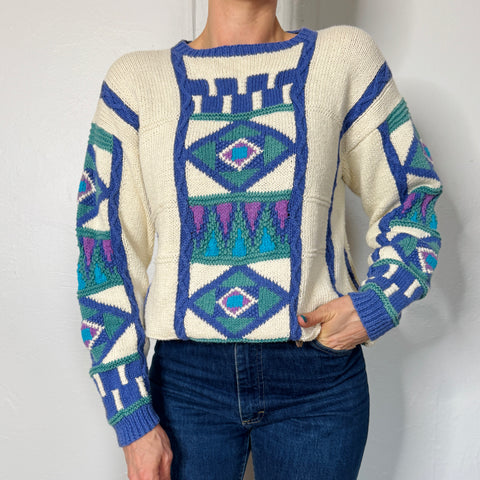 90s Segrets Sun Prints cream geometric blue print sweater Size M