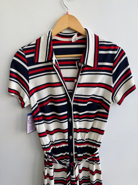 70s Red Cream Navy Striped Dress