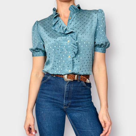 80s Blue Short Sleeve Ruffle Blouse Size M