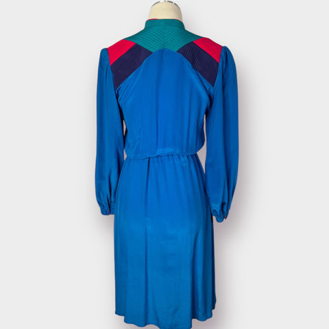 80s Argenti Blue silk dress w/ teal navy pink Size XS