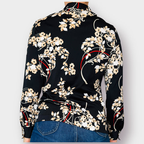 70s Lori-Lynne Black Tan Floral Blouse Size M