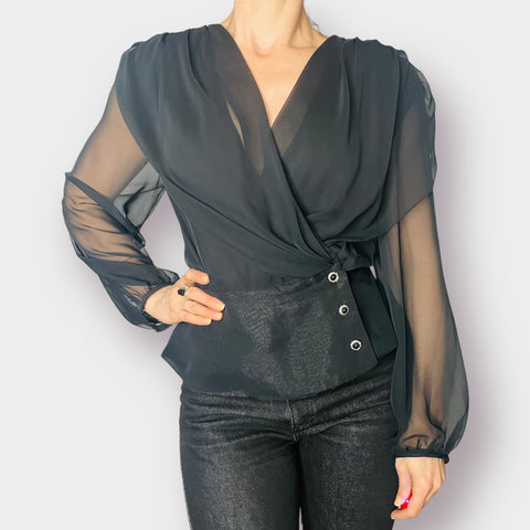 80s Patra Black Sheer Sleeve Dramatic Blouse