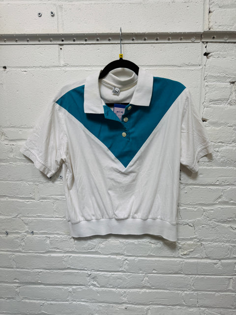 80s White Teal Collared Shirt