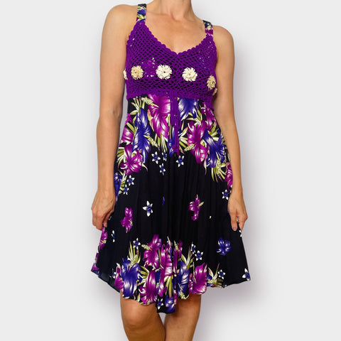 Purple Black Floral Crochet Top Dress