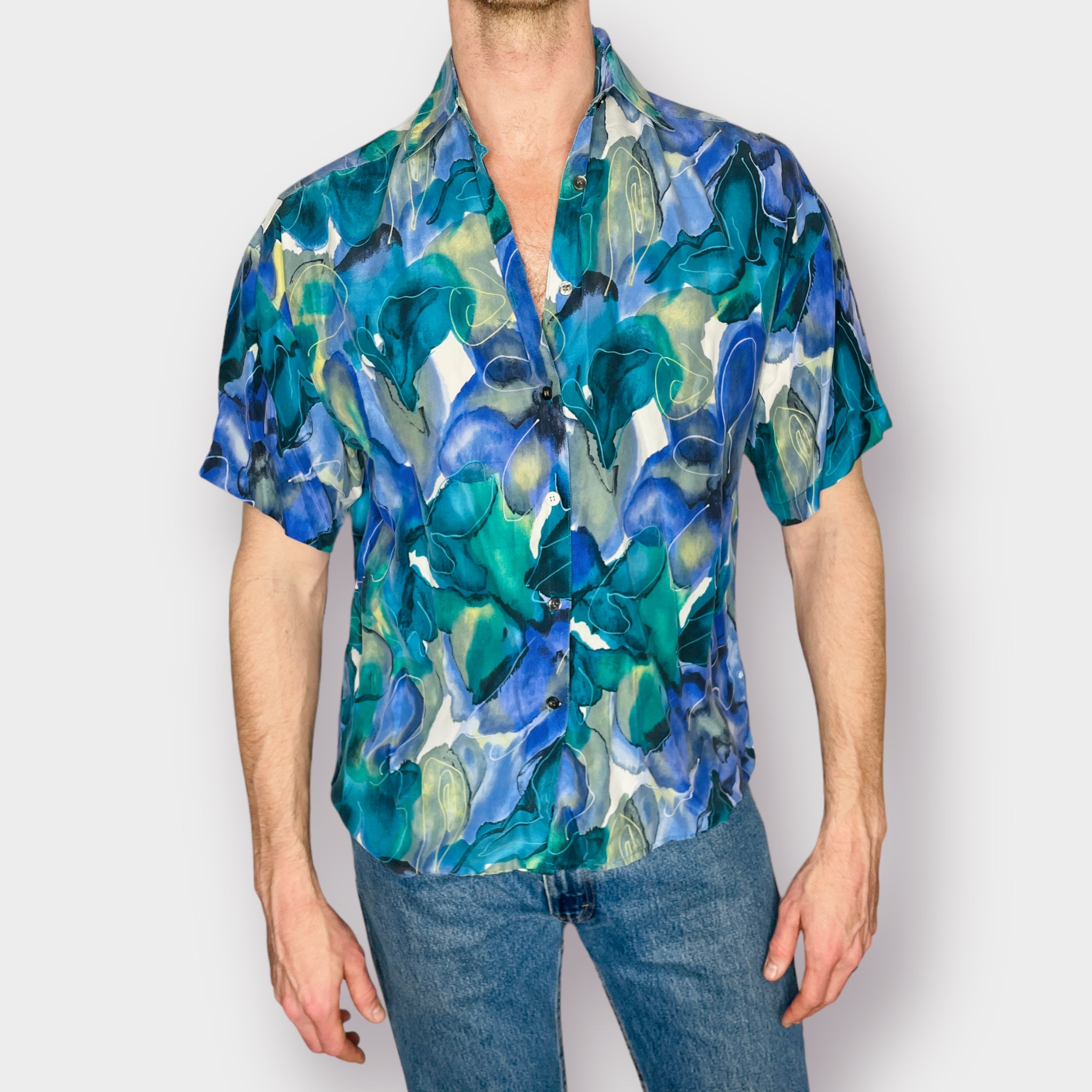 90s Express Blue and Teal Silk Short Sleeve Button Front Shirt