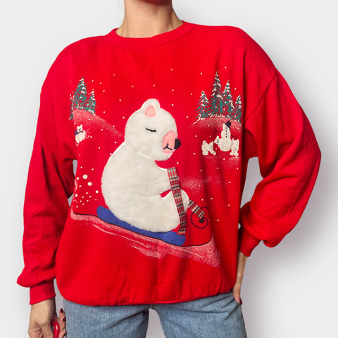 80s Polar Bear Sledding Holiday Scene Sweatshirt