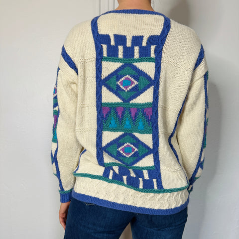 90s Segrets Sun Prints cream geometric blue print sweater Size M